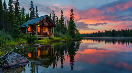 Serene lakeside at sunset with a rustic cabin, the sky ablaze with colors reflecting off the calm water