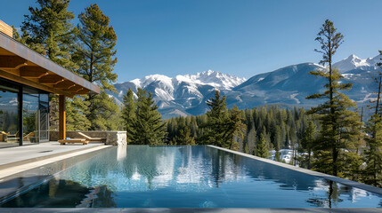 Wall Mural - Serene mountain retreat with an infinity pool, pine forests, and snow-capped peaks in the background under a clear blue sky