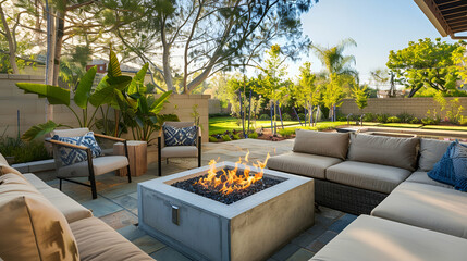 Serene outdoor lounge area in a new luxury home with a built-in fire pit, cozy seating, and views of a tranquil garden oasis.