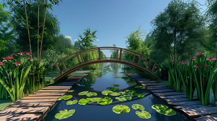 Wall Mural - Sleek modern bridge over a serene pond, lined with bamboo and water lilies, with a zen garden under a clear blue sky