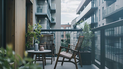 Wall Mural - Sleek Scandinavian apartment block with minimalist design and rooftop terrace featuring a serene urban view