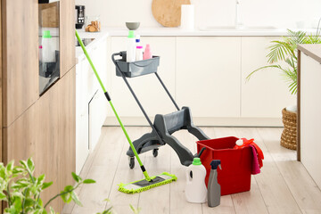 Canvas Print - Mop with bucket and different cleaning supplies in trolley at home