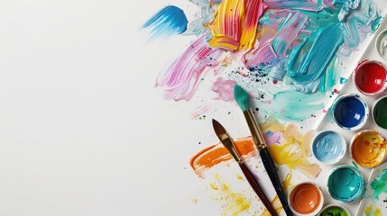 Canvas Print - Accessories for artistic expression with vibrant paints and brushes on white backdrop