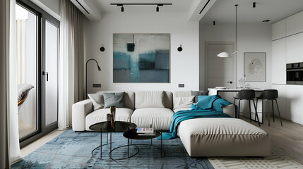 Stylish apartment with a teal blanket on a light gray sofa, coordinating wall art, and a minimalist metal coffee table for a fresh look