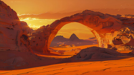 Wall Mural - Surreal desert landscape at twilight, natural rock arches illuminated by the setting sun, distant sand dunes glowing orange