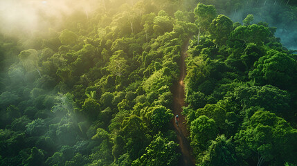 Canvas Print - Top-down view of a cyclist on a winding mountain trail surrounded by dense forests and misty valleys in the morning light