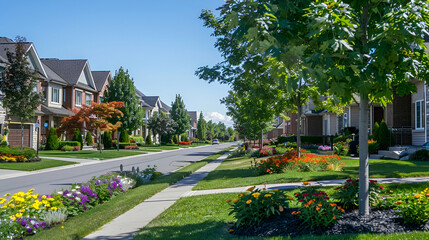 Wall Mural - Tree-lined avenue passing by contemporary suburban homes with lush lawns and colorful flowerbeds under a clear summer sky