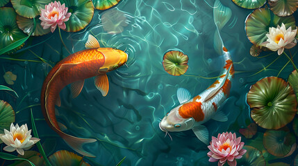 Wall Mural - Two majestic koi fish swimming in a tranquil pond, surrounded by blooming lotus flowers and lily pads