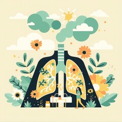 Long-term wellness state, respiratory health, flat design illustration