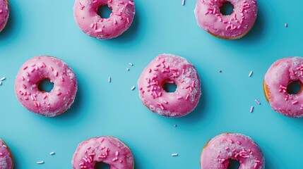 Wall Mural - Fashionable summer design featuring pink doughnuts on a vibrant blue backdrop. Simplistic summer idea.