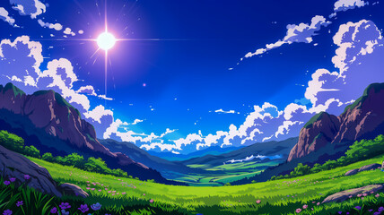 A sunny valley surrounded by mountains under a bright blue sky with fluffy white clouds, in a picturesque landscape.
