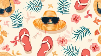 Poster - Celebrate summer with colorful sun hats, flip-flops, and stylish sunglasses for beach vibes!