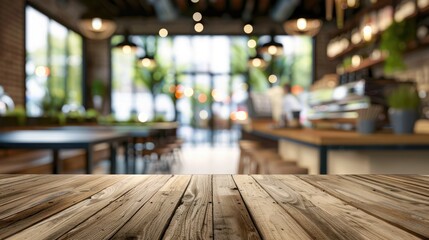 Canvas Print - Display product on wooden surface in a blurred coffee shop or restaurant.