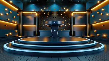 Futuristic stage with vibrant lighting and modern design, perfect for events, presentations, and entertainment venues with cutting-edge technology.