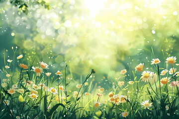 Wall Mural - Sunlit Meadow Illustration with White Flowers