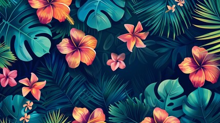 Poster - Enjoy a vibrant summer pattern of tropical leaves and flowers, perfect for adding exotic flair!