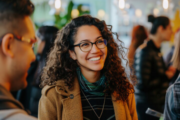 Wall Mural - smiling woman engaging in conversation at a social gathering, warm and lively atmosphere networking 