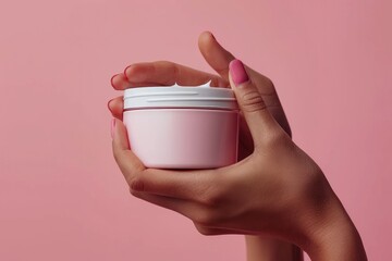 Poster - Close up of a woman's hands applying cream to her face, isolated on a white background.