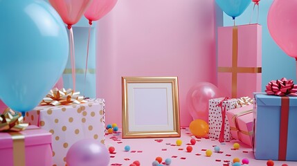 Wall Mural - A vibrant pink room filled with colorful balloons, beautifully wrapped presents, and a picture frame. Perfect for birthday celebrations or special occasions.