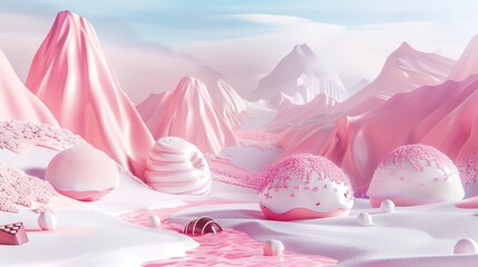 Wall Mural - 3d illustration of white and pink candy land with pink mountains and chocolates