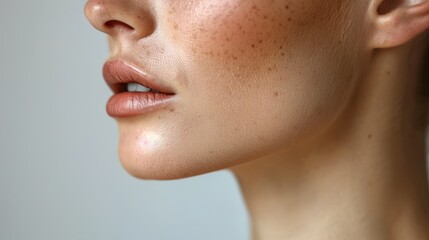 Wall Mural - Close up of the neck and chin area of a woman in her late fifties with some wrinkles around her mouth.