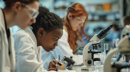 group of university students collaborating on a microscope experiment in a modern science laboratory