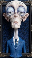 Wall Mural - A surreal caricature portrait of an elderly man with exaggerated facial features, wearing a blue suit and tie, set against an ornate frame and a patterned dark blue background.