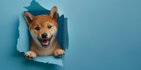 cute Shiba Inu puppy smiling, peeking through blue wall hole, generative AI