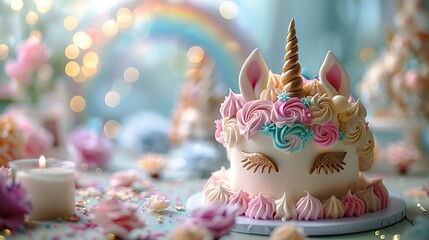 Wall Mural - A beautifully crafted unicorn cake featuring a shimmering horn, pastel ears, and a colorful buttercream mane. The background includes a dreamy meadow with magical flowers and a rainbow arch,