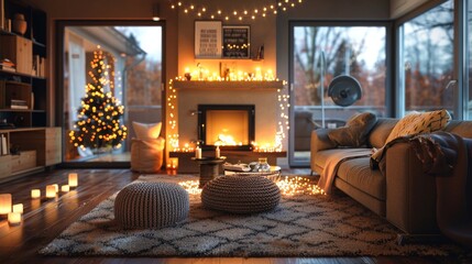 A cozy home interior with warm lighting, comfortable furniture, and a fireplace