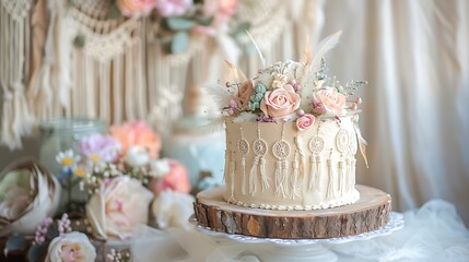 Wall Mural - A bohemian chic cake adorned with delicate dreamcatchers, feathers, and decorated in soft pastel colors. The background features a rustic boho setup with lace fabrics, macramé, and wildflowers,