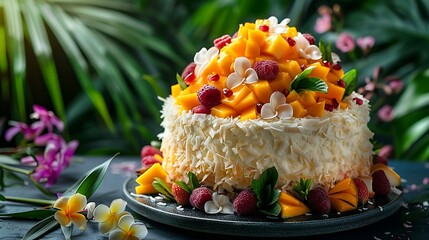 Wall Mural - A cake adorned with tropical fruits like mango, pineapple, and coconut shavings, creating a vibrant and exotic appearance. The background is a lush tropical garden with palm leaves and flowers,