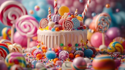 Wall Mural - A cake adorned with vibrant candies, lollipops, and gumdrops, exuding a playful and colorful vibe. The background features a candy wonderland with giant candy structures and sweet decorations,