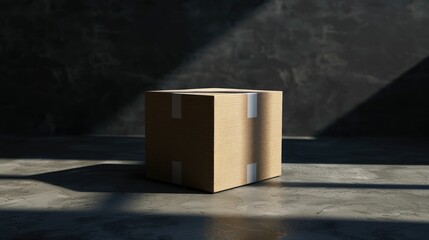 Blank cardboard box mockup with dramatic lighting on a dark background