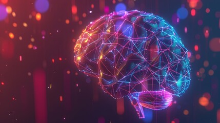 Poster - abstract glowing polygonal brain with colorful neural connections, innovative scientific visualizati