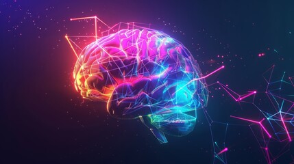 Poster - abstract glowing polygonal brain with colorful neural connections, innovative scientific visualizati