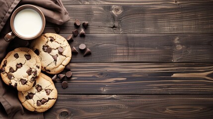 Sticker - Chocolate chip cookies and milk on dark wooden background with empty space