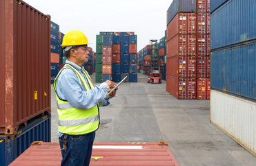 A worker inspects shipping containers in a busy port, wearing a safety vest and hard hat, holding tablet computer.