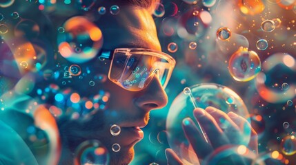 Wall Mural - abstract science concept featuring a young man holding a test tube surrounded by vibrant, floating b