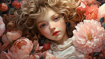 Canvas Print - Blond Girl Amidst Pink Flowers