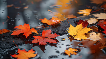 Vibrant autumn leaves floating in a puddle after rain, capturing the essence of fall and nature's beauty. Concept of autumn, nature, and seasonal change.