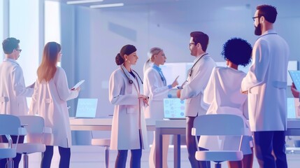 Poster - Group of doctors in a clean and modern medical meeting room discussing patient care and healthcare strategies, with a background of medical charts and equipment, showcasing a professional and collabor