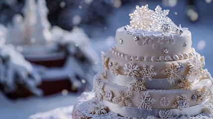 Wall Mural - A winter-themed cake with white and silver decorations, snowflakes, and sparkling edible glitter. The background captures a serene snowy park with ice sculptures and softly falling snow, hd quality,