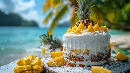 Wall Mural - An elegant cake featuring tropical fruits like mango and pineapple, with coconut shavings sprinkled on top. The background is a serene tropical island with a clear blue sky and palm trees, hd quality,