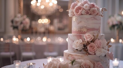 Wall Mural - An elegant marble cake in soft pink and white hues, highlighted with intricate metallic gold leaf accents. The background showcases a luxurious setting with chandeliers and fine china, hd quality,