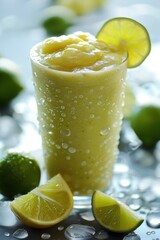 Refreshing Frozen Lime Smoothie with Fresh Lime Garnish and Dew Drops on Glass