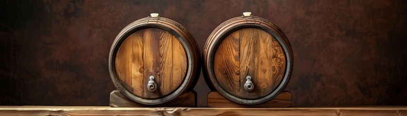 Two rustic wooden beer barrels on a wooden surface, set against a dark brown backdrop, creating a vintage brewery ambiance