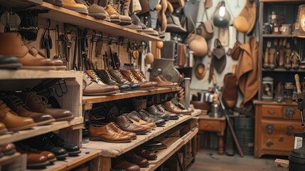 Vintage Shoe Store Interior with Leather Goods and Wooden Shelves