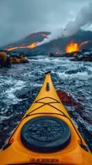 Sticker - Kayaking towards a volcanic eruption. AI.