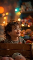 Canvas Print - A young child smiles while sitting in a wooden box. AI.